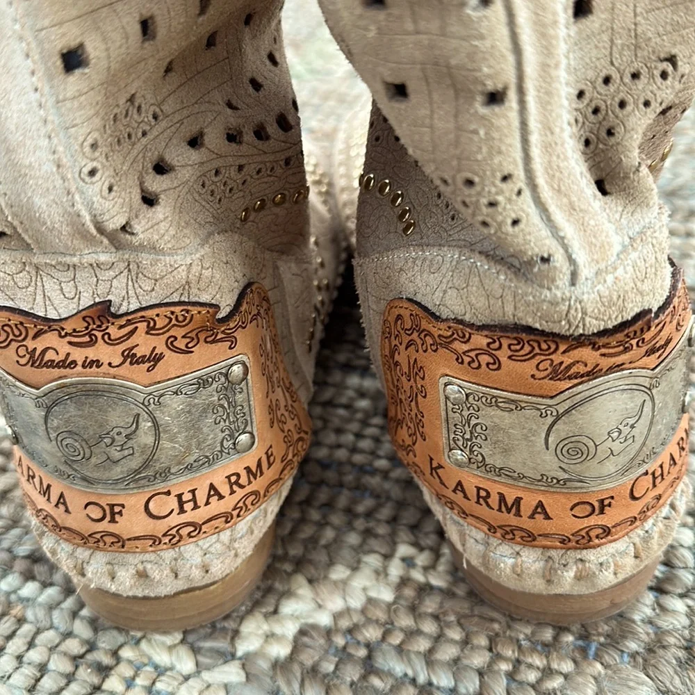 Karma of Charme laser-cut, embossed and gold studded soft leather slouch boots. - Picture 6 of 10